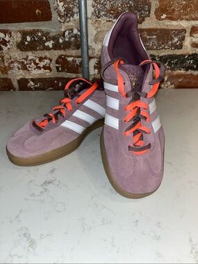 adidas  Gazelles Pink Suede Sneakers with White Stripes and Orange Laces